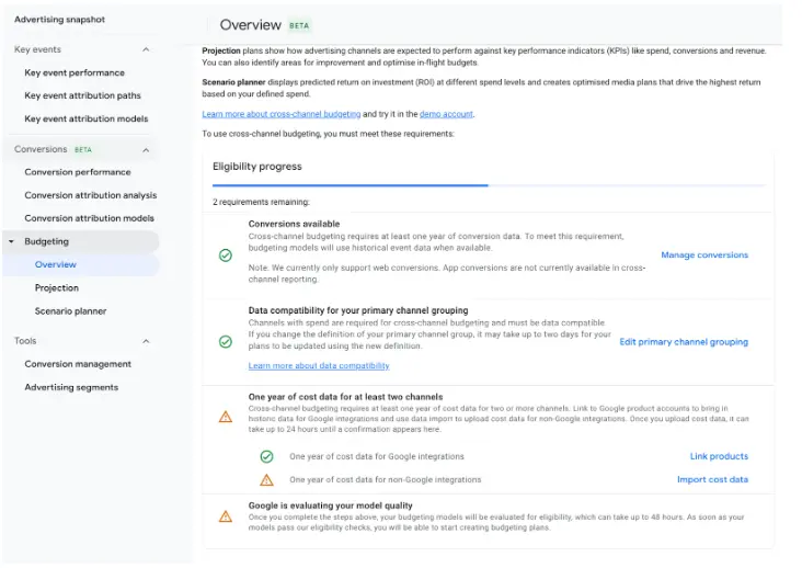 Requirements check for Cross-channel budgeting