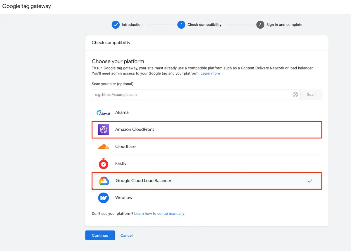 Platform selection for Google tag