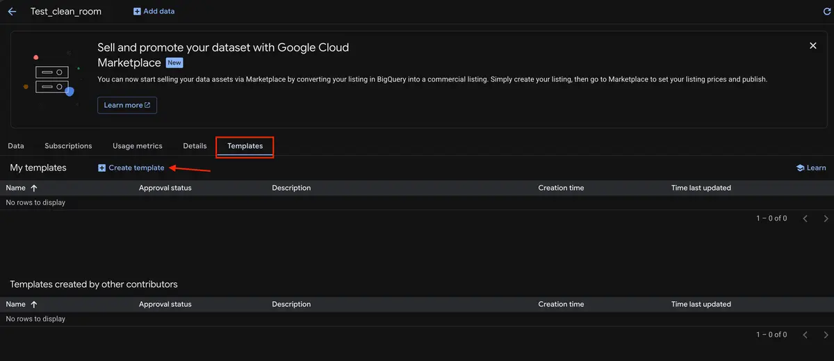 Create a template in BigQuery