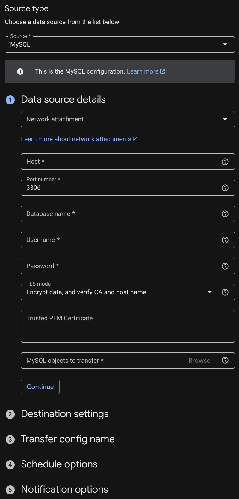 Set up MySQL Transfer