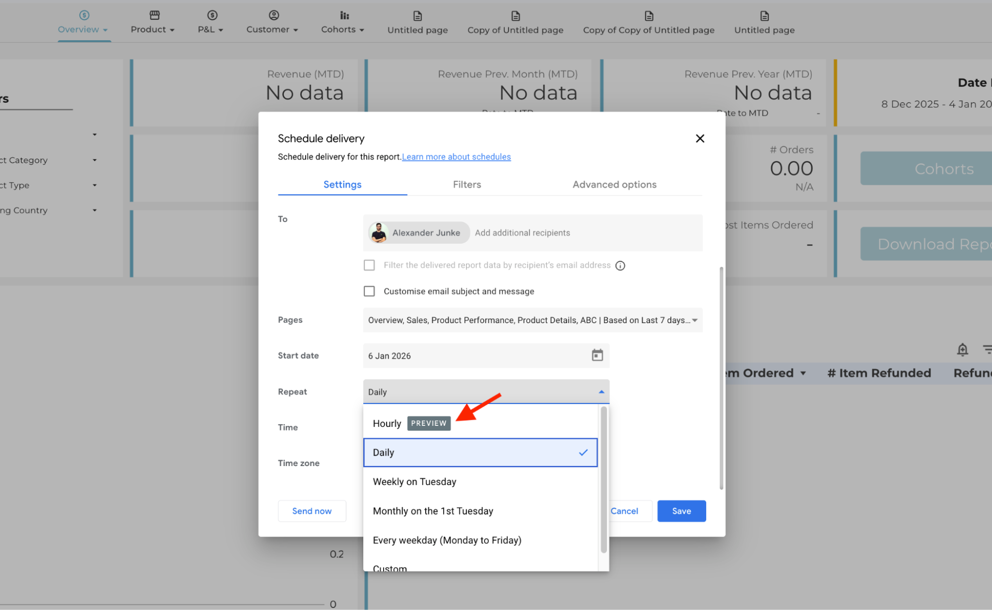 Set up an hourly delivery