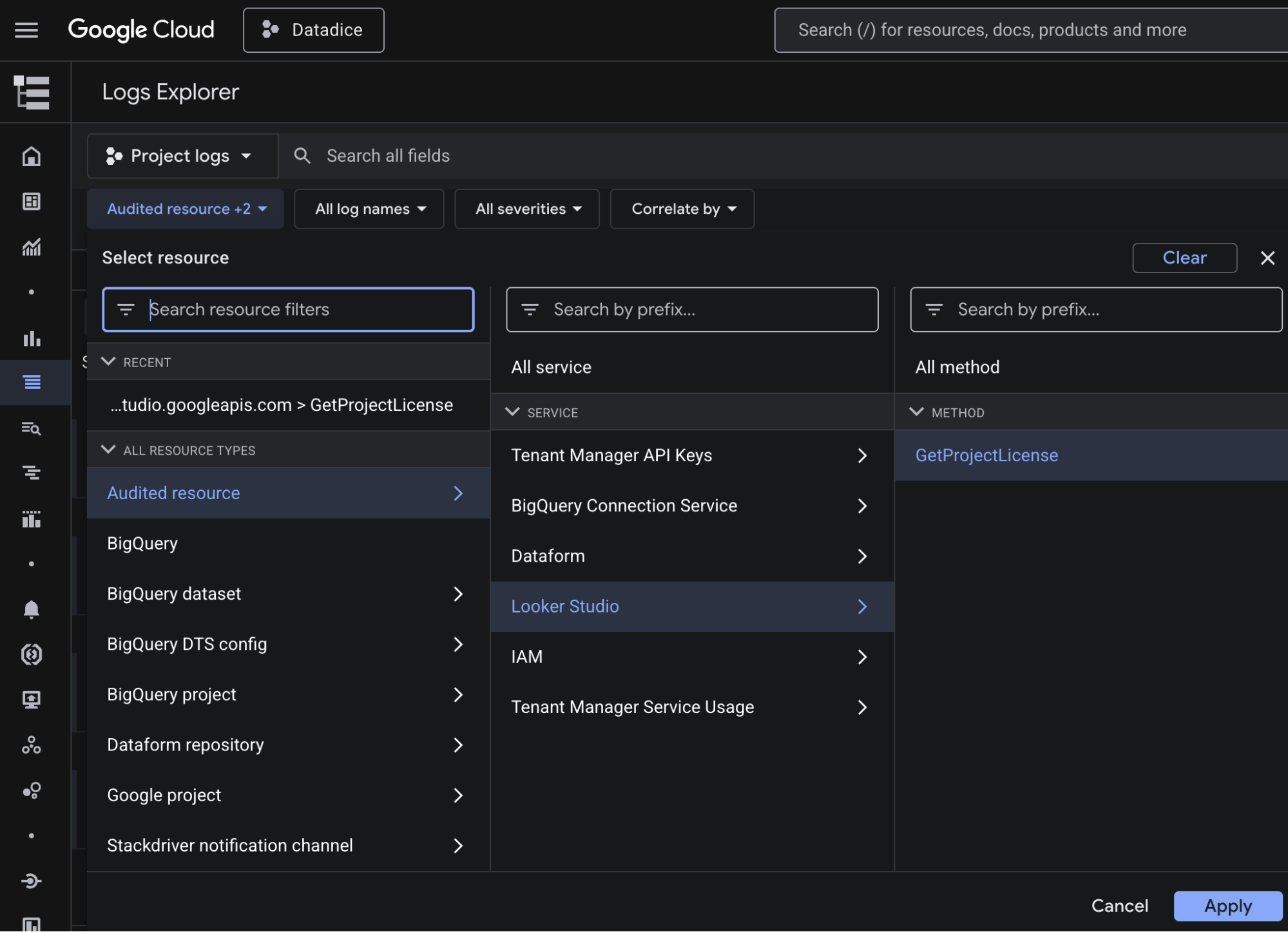 Finding Looker Studio logs
