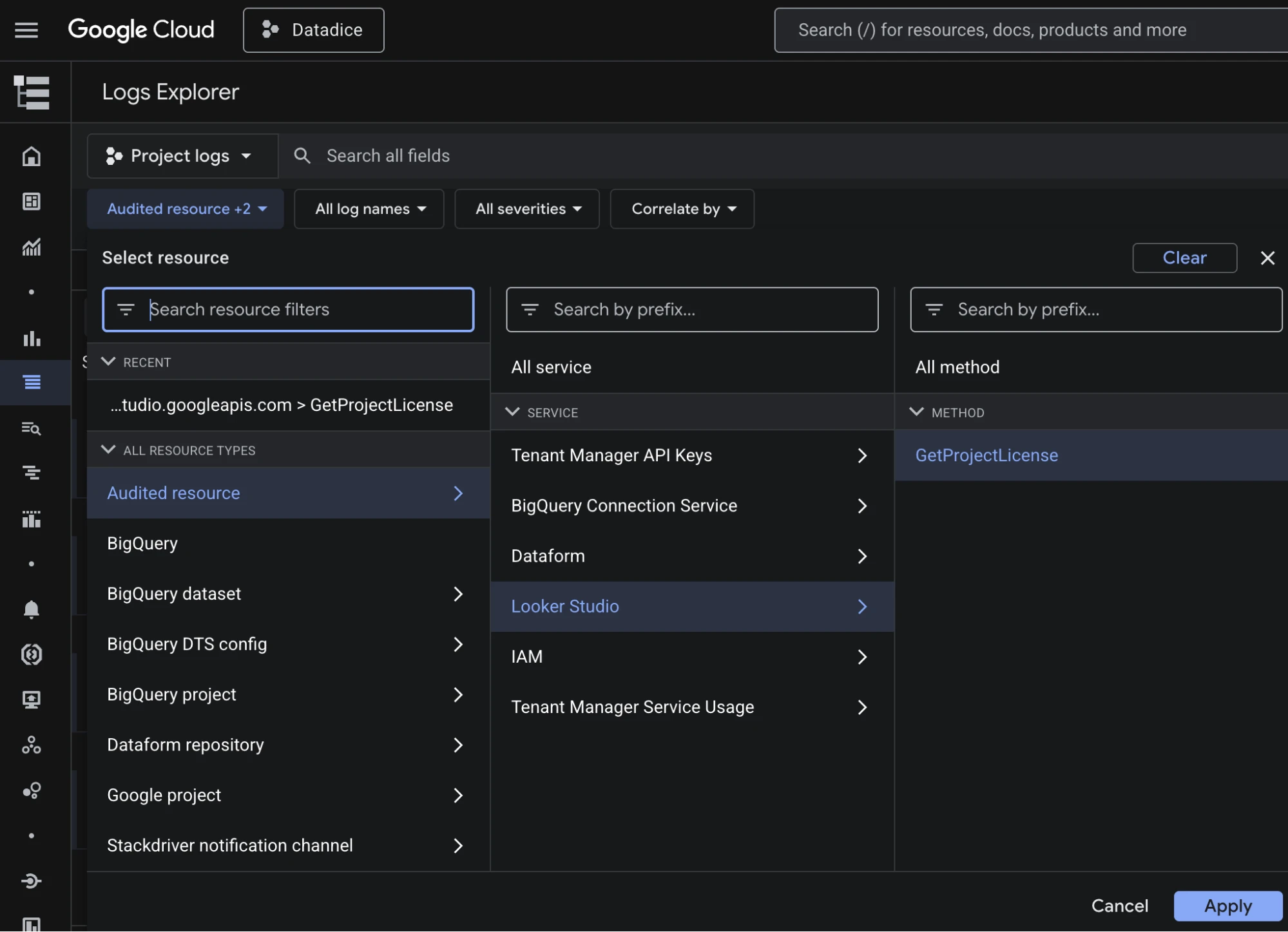 Finding Looker Studio logs